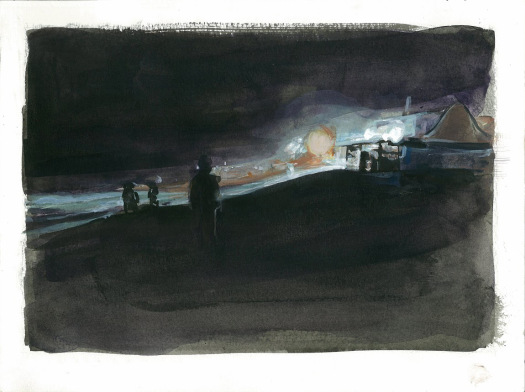 “August (A light on a hill)” 2012, Acrylic, ink, charcoal, gouache on paper